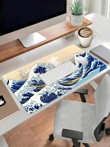 Alfombrilla de ratón para juegos apta para escritorio, computadora portátil con gran alfombrilla de ratón con ola, alfombrilla de ratón de dibujos animados japoneses dorados, alfombrilla de teclado XXL impermeable y gran alfombrilla de ratón antideslizante para juegos, oficina y hogar - Ver 2
