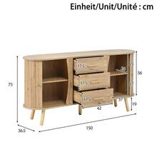 Pea-Shaped Sideboard With Fluted Design, Two Sliding Doors + Three Drawers, Height-Adjustable Compartments, Solid Wood Legs, Wood Look, MDF Material, Modern Scandinavian Style. - Khaki - View 9