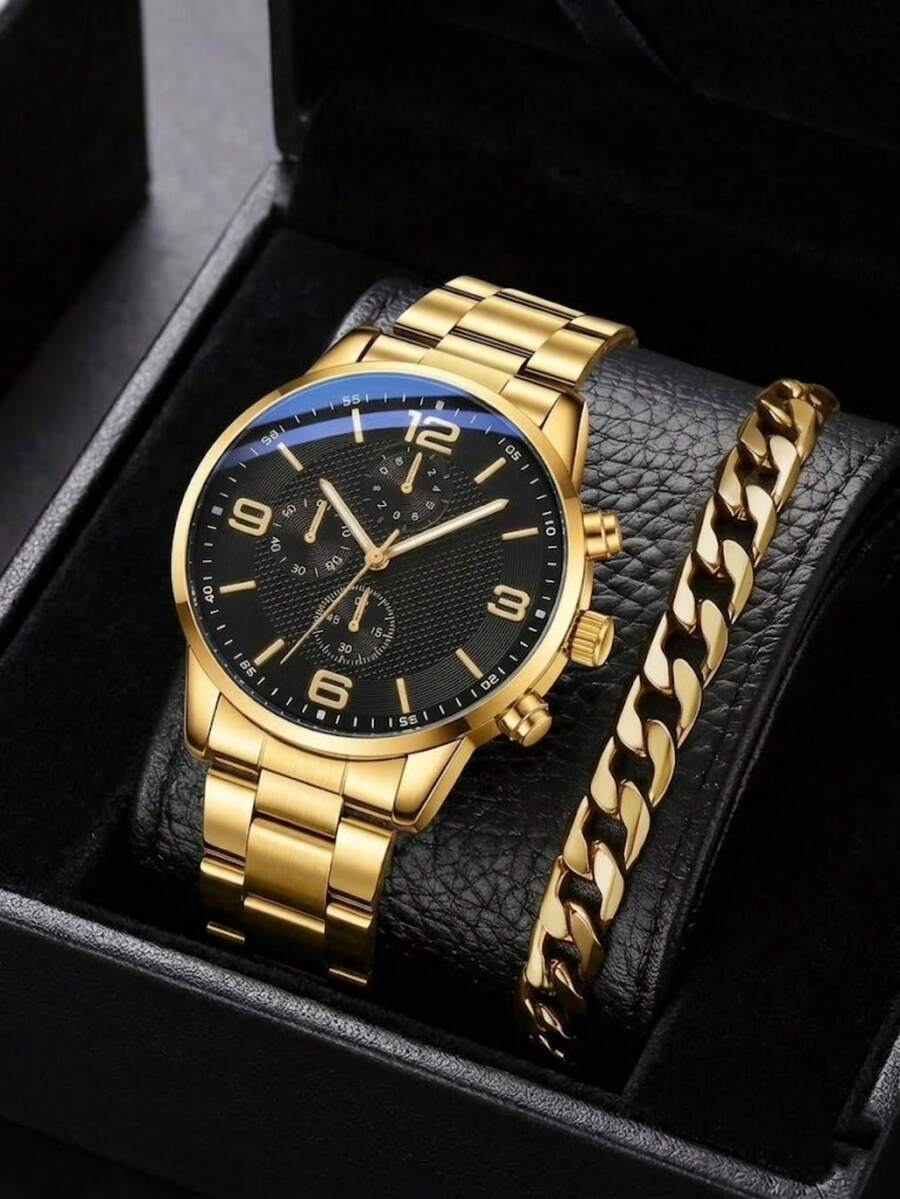 2件套男士石英表，不锈钢表带，商务复古简约刻度表盘，适合日常佩戴、派对装饰或父亲节等各种节日送给朋友和父亲的礼物 - 金色 - 查看 1