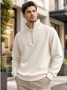 Men's Thick Roma Knit Shirt | High Neck With Zipper | Comfort And Casual Style - 白色 - 查看 1