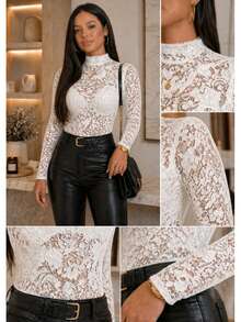 Elegant Lace Bodysuit With Long Sleeves And High Neck – Premium Fitted Style ✨ - 白色 - 查看 2