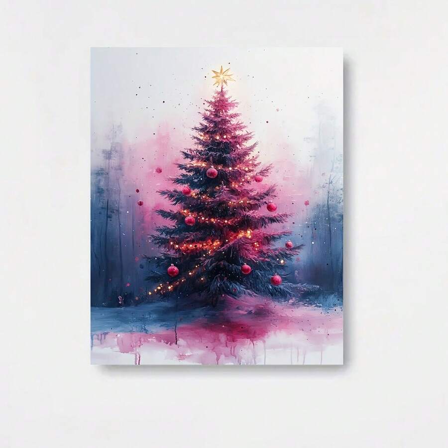 Arte de pared navideño 2D plano, 1 pieza rosa en 2D - un impresión navideña de acuarela con un diseño contemporáneo de árbol y bastón de azúcar, perfecto para decoración navideña con temática pastel, adecuado para ocasiones festivas - Enmarcado - Ver 1