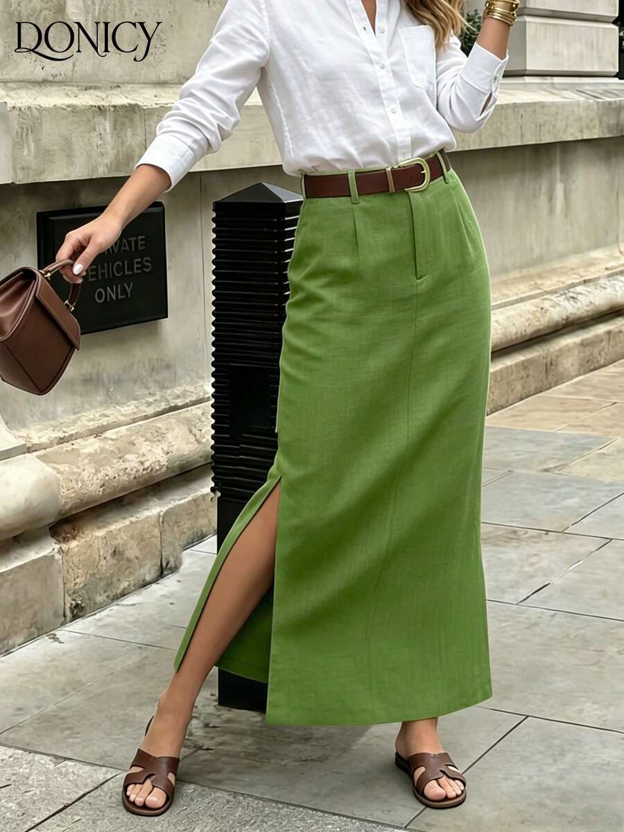 DONICY Women's Green Linen Mid-Length Skirt With Side Slit, Textured Fabric, Suitable For Office Work And Casual Wear In Spring - Green - View 1