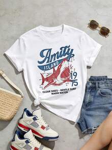 Camiseta de manga corta con cuello redondo suave y casual de verano para mujer, estilo retro de cómic, tiburón, nostalgia de cineaficionados, estilo vintage de cómic, océano, sentimiento cultural clásico, tops para mujer, generación Z, tops, curva, tops de mujer, tops de verano, conjuntos de primavera, estilo callejero americano, casual deportivo, estilo unisex, estilo casual urbano, ropa de calle retro, subcultura, top negro, tops blancos. Negro - Blanco - Ver 3