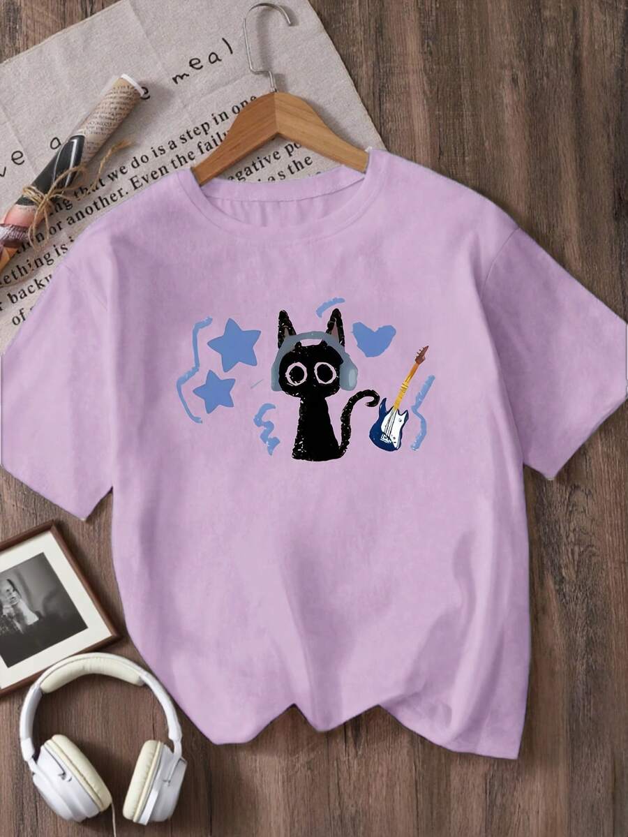Printed Crew Neck T-Shirt For Girls - Violet - View 1