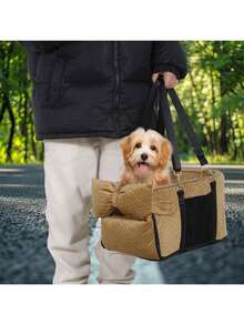 Pet Car Seat Carrier For Small Dogs And Cats, Quilted Portable Dog Booster Seat With Adjustable Shoulder Strap, Side Storage Pocket, 45 X 24 X 22 Cm - Mocha Brown - View 8