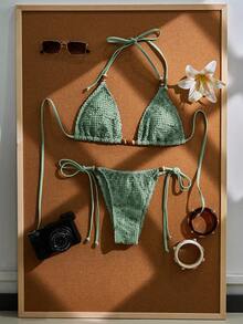 女款鉤編串珠掛脖露背性感比基尼套裝，波希米亞風兩件式泳衣，適合海灘、度假與泳池派對夏季使用 - 草綠色 - 查看 2