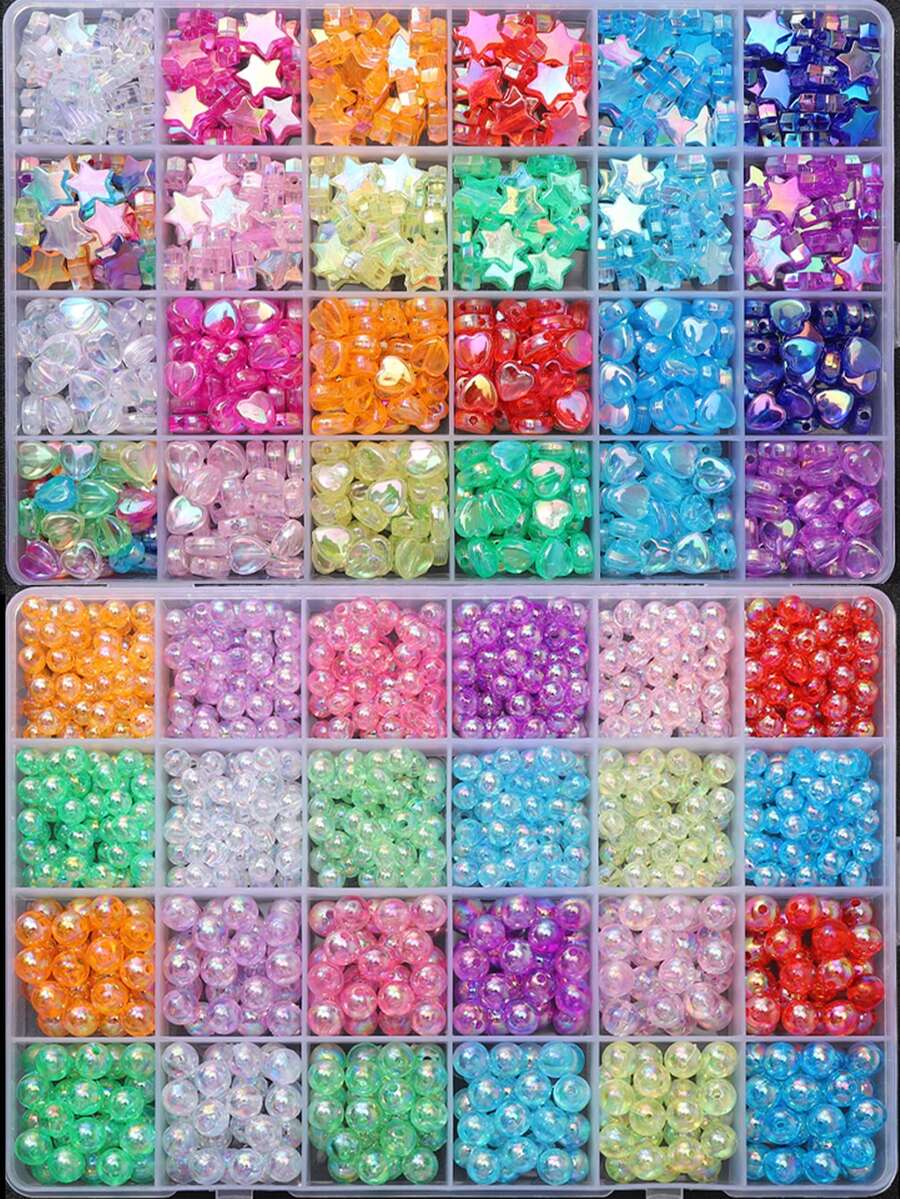 A Box Of Colorful AB Shiny Acrylic Beads, Mixed Round, Heart And Star Shapes, Multi-Style Loose Spacer Beads, Ideal For DIY Necklaces, Bracelets And Handmade Jewelry Crafts, Creative Jewelry Making Accessory Set - Multicolor - View 1