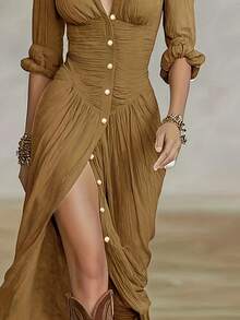 Women's New Spring-Summer Fashion Elegant Solid Color Collared Pleated Button Long-Sleeve Shirt Dress, Suitable For Suburban Travel, Dates, Parties, And Everyday Wear - Coffee - View 5