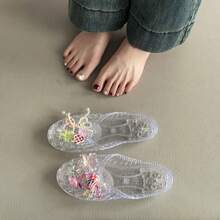 Women's Transparent PVC Jelly Shoes, Korean Style Floral Decor Flat Slip-On Sandals, Sweet Flower Pattern, Closed Toe, Anti-Slip, Casual Daily Footwear For Spring Summer - 透明小蒼蘭 - 查看 2