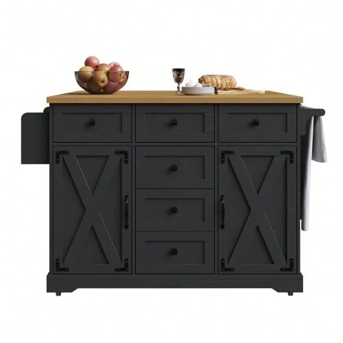 High-Quality Kitchen Island, Multifunctional Serving Cart With Wood Finish And Ample Storage Space, Mobile Sideboard, Kitchen Cart For Dining Room, Living Room, Kitchen, Black Color. - 黑色 - 查看 1