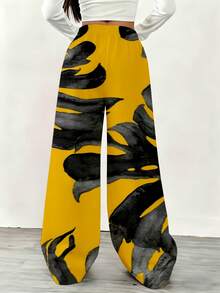Yellow And Black Tropical Leaf Print Wide Leg Sweatpants For Women Comfortable Loose Fit Casual Sport Wear Suitable For Leisure And Exercise Activities - 白色 - 查看 2