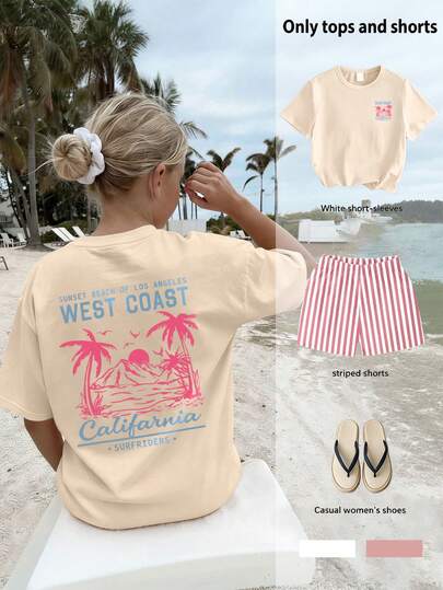 2pcs/Set Girls Summer Beach Breeze West Coast & Palm Tree Letter Print Round Neck Short Sleeve T-Shirt + Random Cut Striped Shorts Set, Comfortable & Fashionable New Style For Girls Summer