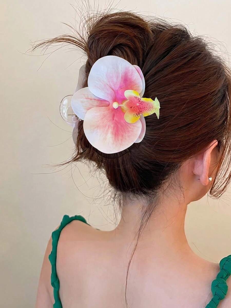 兰花发爪夹，女士款，大型3D立体花朵发夹，逼真兰花发饰，防滑强力夹持发夹，适合浓密头发，夏威夷热带海滩婚礼派对发型设计工具，旅行，生日礼物 - 粉色 - 查看 1