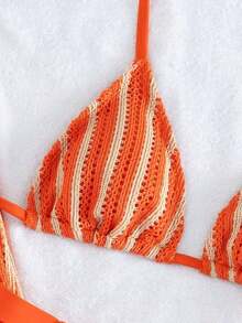 3 piezas Conjunto de bikini de punto a rayas sexy - Top triangular + Calzoncillos de cintura baja + Pantalones de pierna ancha con tirantes ajustables| Traje de baño de vacaciones de playa retro para el verano - Naranja - Ver 7