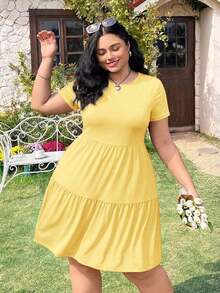 Solflare Vestido casual minimalista de fiesta y salida para mujer de talla grande, de unicolor, cuello redondo y plisado - amarillo ganso - Ver 5