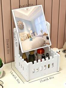 1pc Cute Vanity Makeup Mirror, Tabletop Dressing Mirror With Storage Box, Rotating Cosmetic Mirror For Home & Dorm - White - View 9