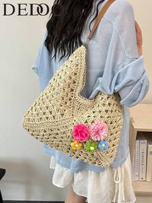 Dedoo 女士夏季波西米亚风钩针编织单肩包，镂空3D花卉装饰大容量沙滩手提包，手工钩织日常包 - 米色 - 查看 4