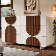 Commode à 6 tiroirs au design incurvé, élégant buffet blanc avec détails en bois couleur chocolat, tiroirs coulissants silencieux et dispositif anti-basculement, 121 x 71 x 41 cm (largeur/hauteur/profondeur). - Blanc - Voir 3