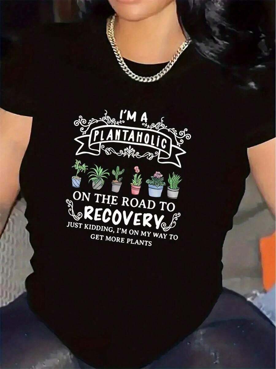 T-Shirt For Plant Lovers, Durable And Comfortable, Perfect For Indoor Gardening Enthusiasts, Ideal For Use In The Living Room Or On The Balcony, Lightweight And Breathable Design, Fun Graphic T-Shirt For Everyday Use. - Black - View 1