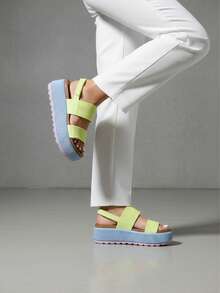 Elegant Platform Sandals For Women Round Toe Hook And Loop Strap Slip On Slides Strapy Flip Flops Wedge Sandals Casual Womens Slippers Party Vacation Walking Beach Indoor Outdoor Spring Mother Gifts Summer Sandals For Women Greenmulti Sandals - 綠多 - 查看 3