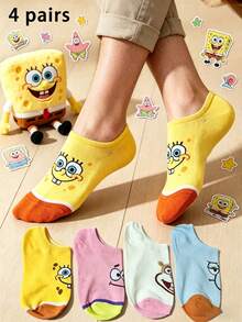 SpongeBob SquarePants 4 đôi tất cổ ngắn in hình hoạt hình ngộ nghĩnh, phù hợp cho mọi mùa. - Nhiều màu - Xem 7