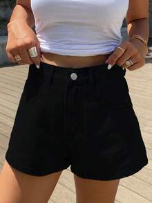 Teen Girls Washed Denim Shorts, Simple Versatile Design, With Elastic Waistband, Suitable For Daily Wear Or School - Black - View 5