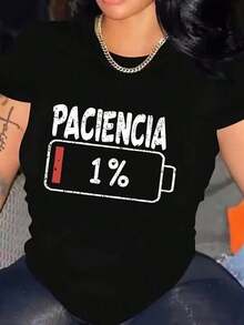 Camiseta de manga corta para mujer, cuello redondo, holgada, casual y versátil, nuevo estampado de batería baja, ideal como capa base, tejido suave con buena caída - Negro - Ver 1