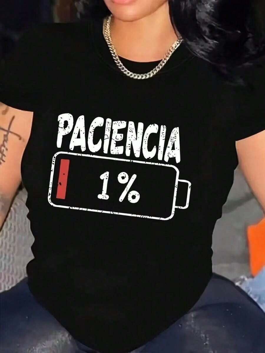 Camiseta de manga corta para mujer, cuello redondo, holgada, casual y versátil, nuevo estampado de batería baja, ideal como capa base, tejido suave con buena caída - Negro - Ver 1
