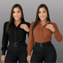 Set Of 2 Women's Fashionable Dress Shirts, One Of Each Color - KIT 2 社交焦糖色與黑色單色 - 查看 2