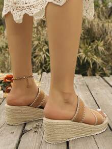 Women's Straw Wedge Rope Open Toe Slippers, Thick Sole Elevated Summer Outdoor Sandals - Camel - View 4