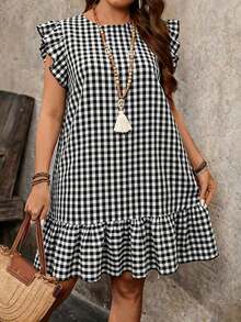 Vestido smock con cuello redondo, mangas cortas, volantes y estampado tropical de plantas para mujer talla grande, vestido casual de vacaciones, vestido bohemio, vestido de Pascua, conjunto de verano para mujer - Blanco y Negro - Ver 11