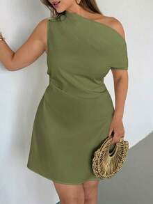 Auralis Vestido casual asimétrico de hombro de unicolor para mujer de talla grande - Verde militar - Ver 2