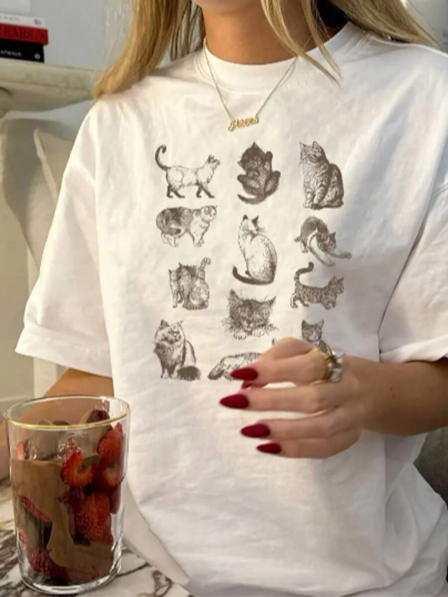 Women's Retro Oversized T-Shirt With Cat Print - Short Sleeve, Round Neck, Soft Top With Geometric Cat Illustrations, Semi-Sheer Casual T-Shirt For All Seasons, Machine Washable, Cat T-Shirt - 白色 - 查看 1