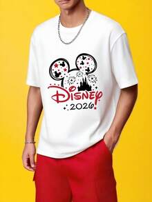 Disney Mickey And Minnie Castle Couple's Cartoon Short Sleeve T-Shirt, Polka Dot And Star Elements + Castle Firework Print, With Logo, Lively And Versatile Style, Order Separately For Men And Women, Comfortable For Daily Casual Wear - 男士T卹 - 查看 4