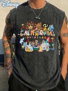 Disney Officially Licensed California Adventure Washed Sleeveless Tank Top, Retro Park Landmark Graphic Tee, Vintage Oversized Casual Muscle Shirt, Perfect For Theme Park Trips & Fans - 黑色 - 查看 2