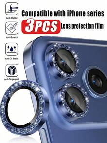 BOLLYMORE 3片裝相機鏡頭保護貼膜 適用於 iPhone 17/17 Pro/17 Pro Max/17 Air/16 Pro/16 Pro Max，亮面個性化金屬鑽石環設計，9H 硬度防刮保護膜，時尚手機配件，可搭配保護殼使用 - 藍色 - 查看 17