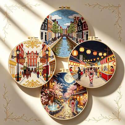 World City Landscape Embroidery Kit Collection, Handmade DIY Thread Embroidery For Beginners, Home Decor Hanging Painting Stress Relief Set