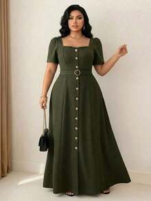 Vestido de mujer talla grande con elegante decoración de botones en la cintura, manga corta con volantes en el cuello, cintura ceñida y silueta evasé, adecuado para oficina, viajes, citas, salidas, estilo vintage, blogger, graduación, vacaciones, San Valentín, festivales de música, Día de la Madre, Halloween, Acción de Gracias, Pascua, Día Nacional, bailes, citas, fiestas, bodas, actividades al aire libre Yisikado Dress Zanzea Dress For Woman Zanzea Dress For Women Plus Size Women's Dresses Elegant Dress - Verde militar - Ver 12