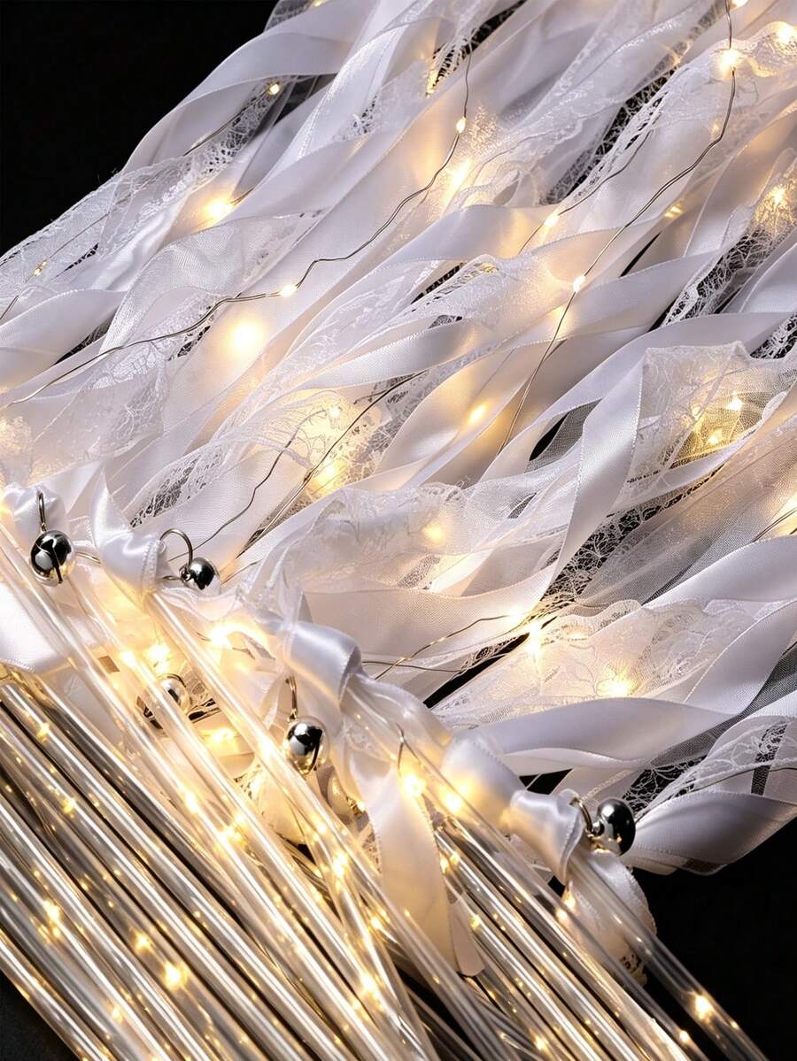 Bộ 6 chiếc đũa phép LED có ruy băng, ruy băng phát sáng, đũa phép cưới có chuông, đũa phép LED tua rua bằng lụa, gậy ren phát sáng nhấp nháy, 3 chế độ nhấp nháy màu trắng ấm, thích hợp cho đám cưới, lễ tốt nghiệp, năm mới, tiệc sinh nhật và các lễ kỷ niệm khác. - Trắng - Xem 1
