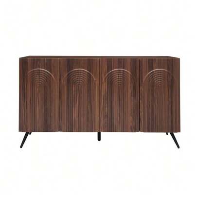 Mid-Century Style Sideboard, Black Entryway Furniture With 3D Grooves And Arched Doors, Made Of Engineered Wood, Adjustable Shelves And Gold Metal Legs.