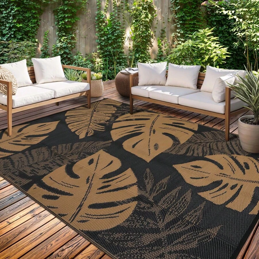 Washable Outdoor Modern Waterproof Print Area Rug Easy To Clean Stain Resistant Thin Bordered Floor Mat Throw Rug For Camping Patio RV Camping Beach Deck Picnic Backyard Camping - 黑棕色 - 查看 1