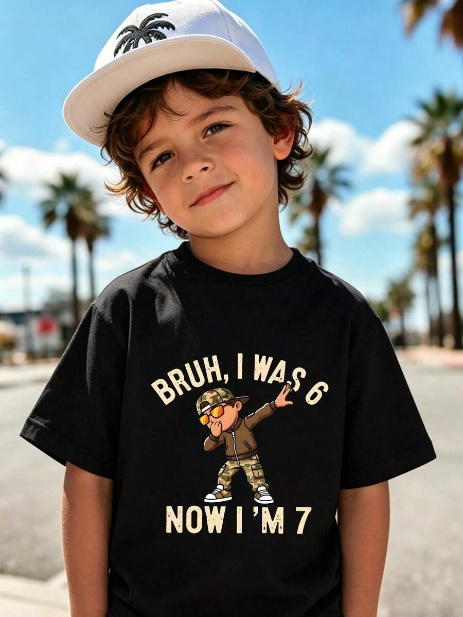 Áo thun ngắn tay cổ tròn in hình chữ cái hài hước và khẩu hiệu kiểu rapper dành cho bé trai, thích hợp mặc mùa hè. - màu đen - Xem 1