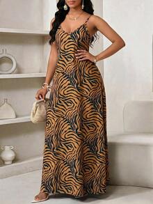 Lady Vestido de verano casual de tirantes finos con estampado de cuadros, vestido de playa, vestido de fiesta, vestido de invitada de boda para mujer, vestido de festival de verano - Amarillo - Ver 4