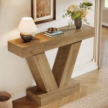 LITTLE TREE Brown Narrow Console Table, 105cm Entryway Sofa Table With V-Shaped Legs For Indoor Daily Use - Light Brown - View 5