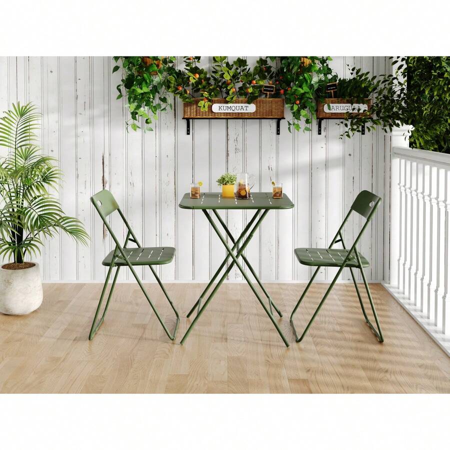 Ensemble bistro pliable 3 pièces pour extérieur / Ensemble de mobilier de jardin 3 pièces / Ensemble de mobilier de jardin bistro / 2 chaises et 1 table / Facile à utiliser / Idéal pour terrasses, espaces extérieurs et jardins - Vert - Voir 1