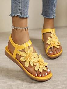 Women's Solid Color Woven Floral Decor Toe Loop Sandals, Soft Rubber Sole With Ankle Strap, PU Leather Casual Beach Shoes - Yellow - View 6