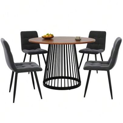 Esstisch-Set (5-Teilig), Esstisch-Set Mit 4 Stühlen, Modern Küchentisch-Set, Round Küchentisch Mit 80 Cm Durchmesser Und Goldenen Metallbeinen, White MDF-Tischplatte, Dark Gray Samt-Esszimmerstüh