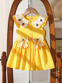 Baby Girls' Fashion Casual Cute Strawberry Ruffle Collar + Strawberry Bow Decor Dress - Yellow - View 1