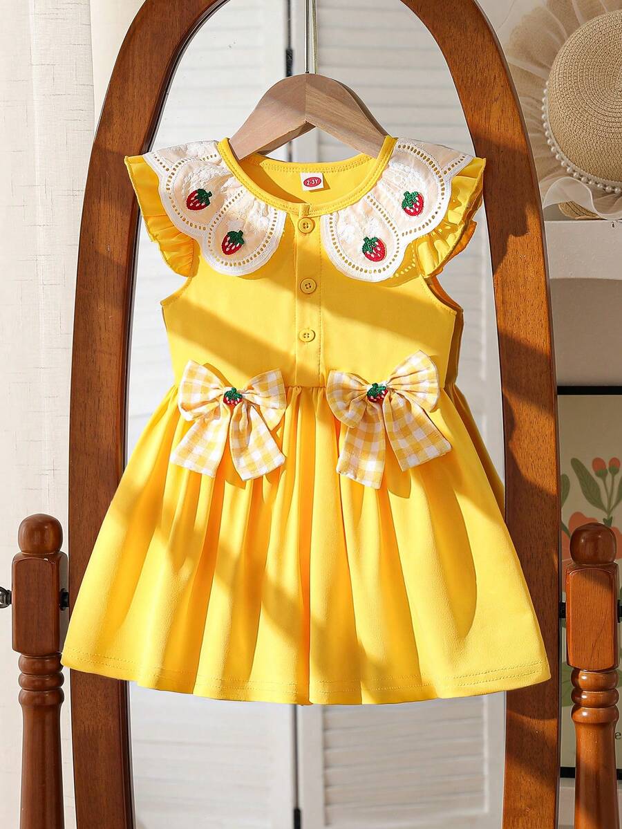 Baby Girls' Fashion Casual Cute Strawberry Ruffle Collar + Strawberry Bow Decor Dress - Yellow - View 1